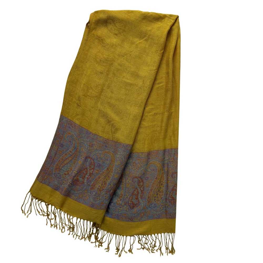 Cashmere Womens Scarf OS Mustard Yellow Paisley Jerusalem Tassel Boho Wrap